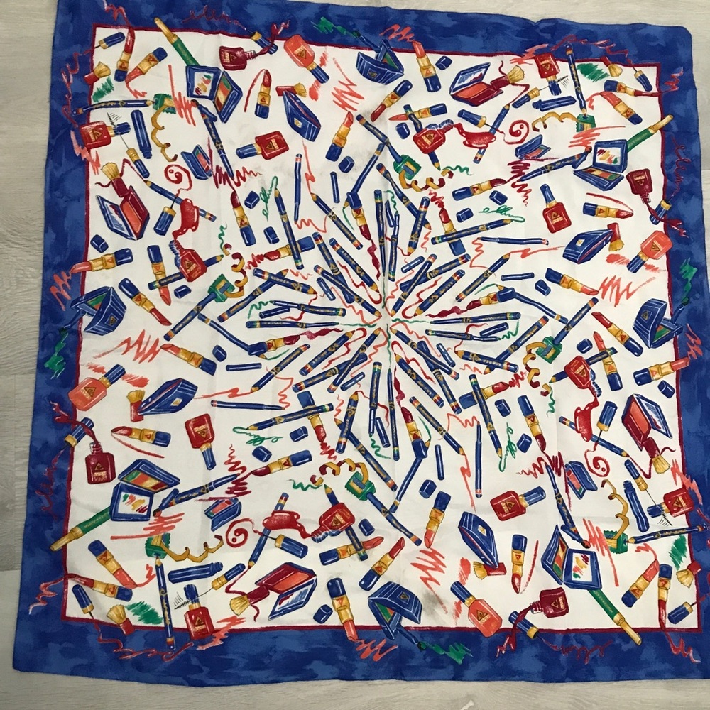VINTAGE AVON WOMENS SCARF MAKE UP SQUARE WHITE BLUE SATIN